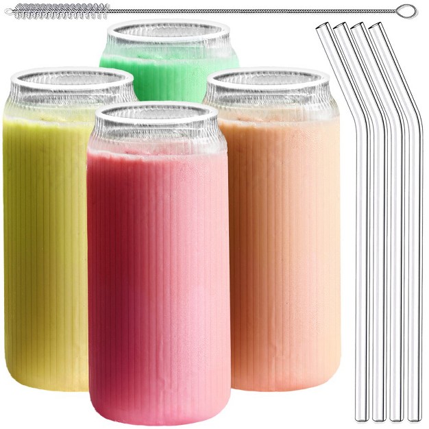 Le x27 raze Set Of 6 Ribbed Can Shaped Glass Cups With Glass Straws 16oz Can Glass Drinking Glasses