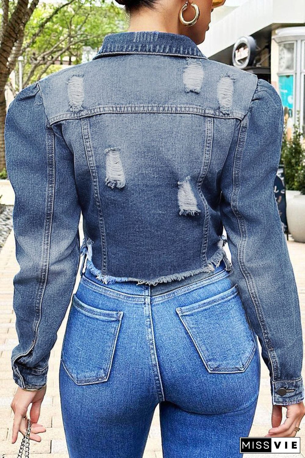 Blue Casual Solid Ripped Buckle Turndown Collar Long Sleeve Denim Jacket