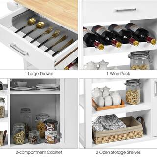 Costway 4-Tier White Wood Kitchen Island Trolley Cart Storage Cabinet with Wine Rack HW66112WH