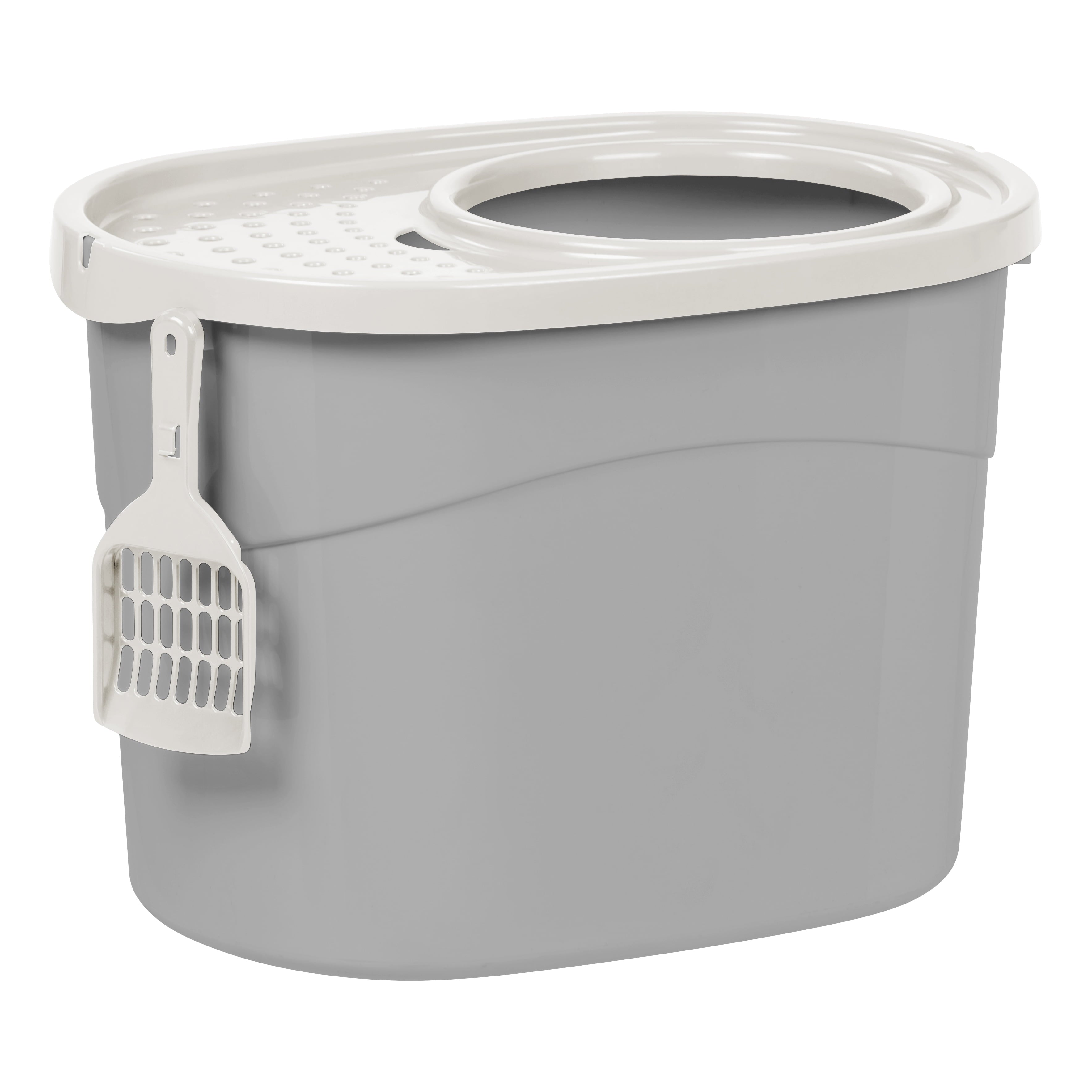 IRIS USA Top Entry Cat Litter Box with Cat Litter Scoop， Gray/White