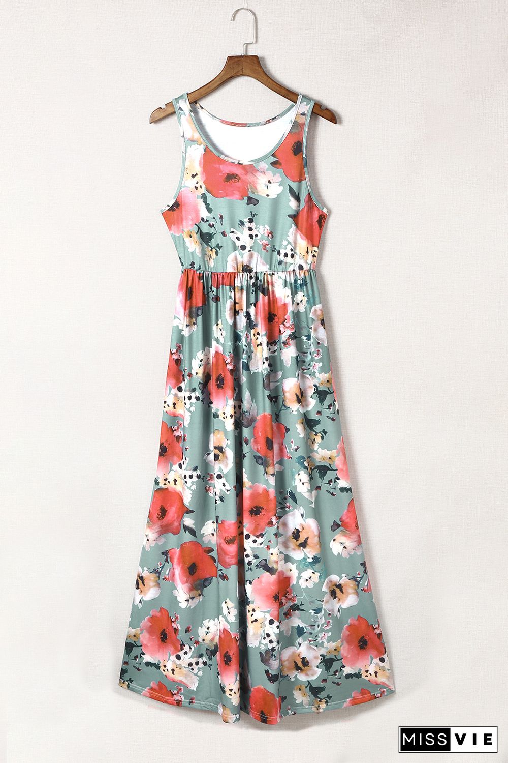 Sky Blue Boho Print Sleeveless High Waist Long Floral Dress