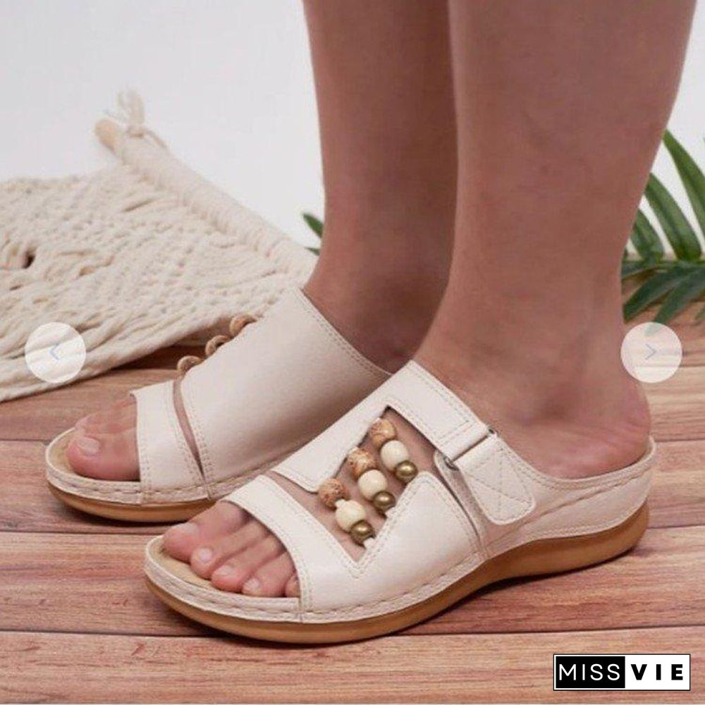 Pure Color Ethnic Style Beads Women Slipper