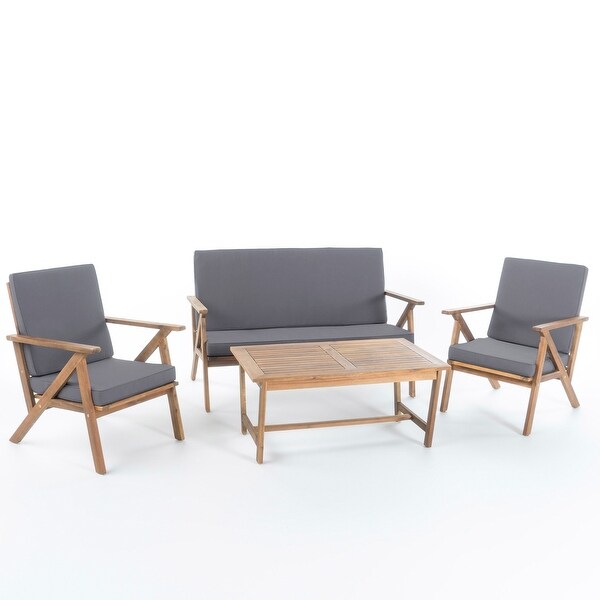 4Piece Modern Style Chat Set With Coffee Table，Patio Outdoor Furniture Wood+Waterproof Fabric Material，Teak