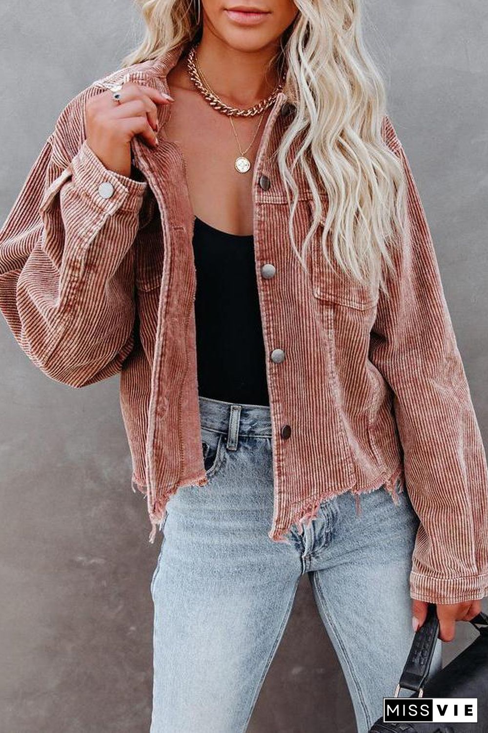 Frayed Hem Cropped Corduroy Jacket