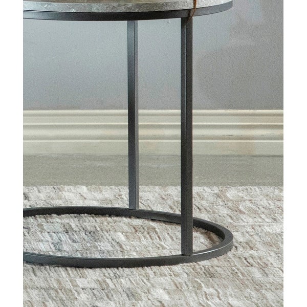 Round Faux Marble End Table with Metal Base in Grey and Gunmetal