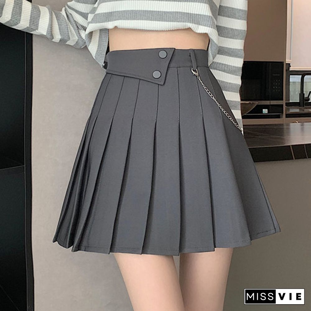 Spring Summer Design Chain Pleated Skirt Women High Waist College Student Mini Skirt Loose Casual Skirts Korean Fashion New