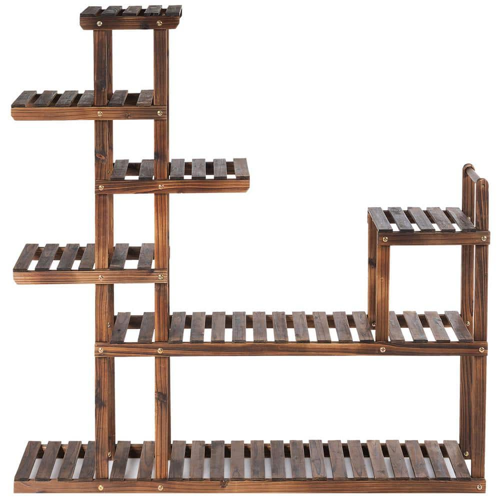 HONEY JOY 47.5 in. x 10 in. x 47.5 in. Indoor/Outdoor Brown Wood Plant Stand Rack with Hollow-Out Storage Shelf ( 7-Tier ) TOPB002602