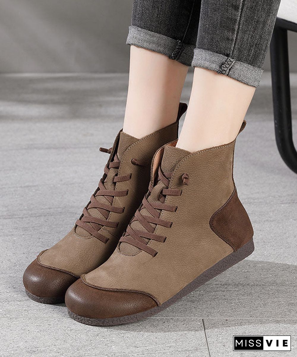 Khaki Boots Art Splicing Cowhide Leather Comfy Cross Strap Boots