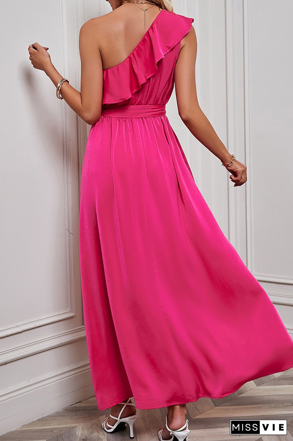 Rose One Shoulder Ruffles Maxi Dress Wish Sash