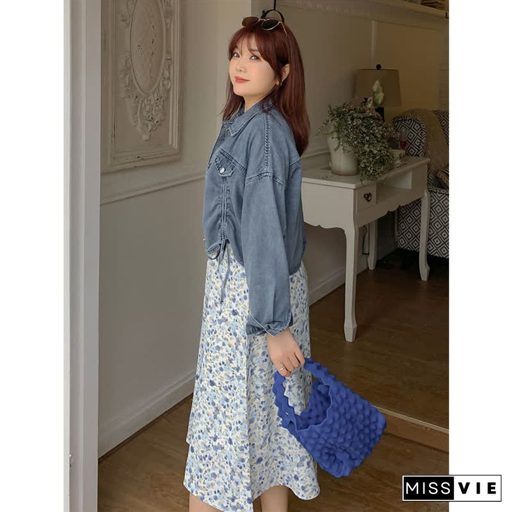 Plus Size Drawstring Denim Jacket Floral Print Slip Dress