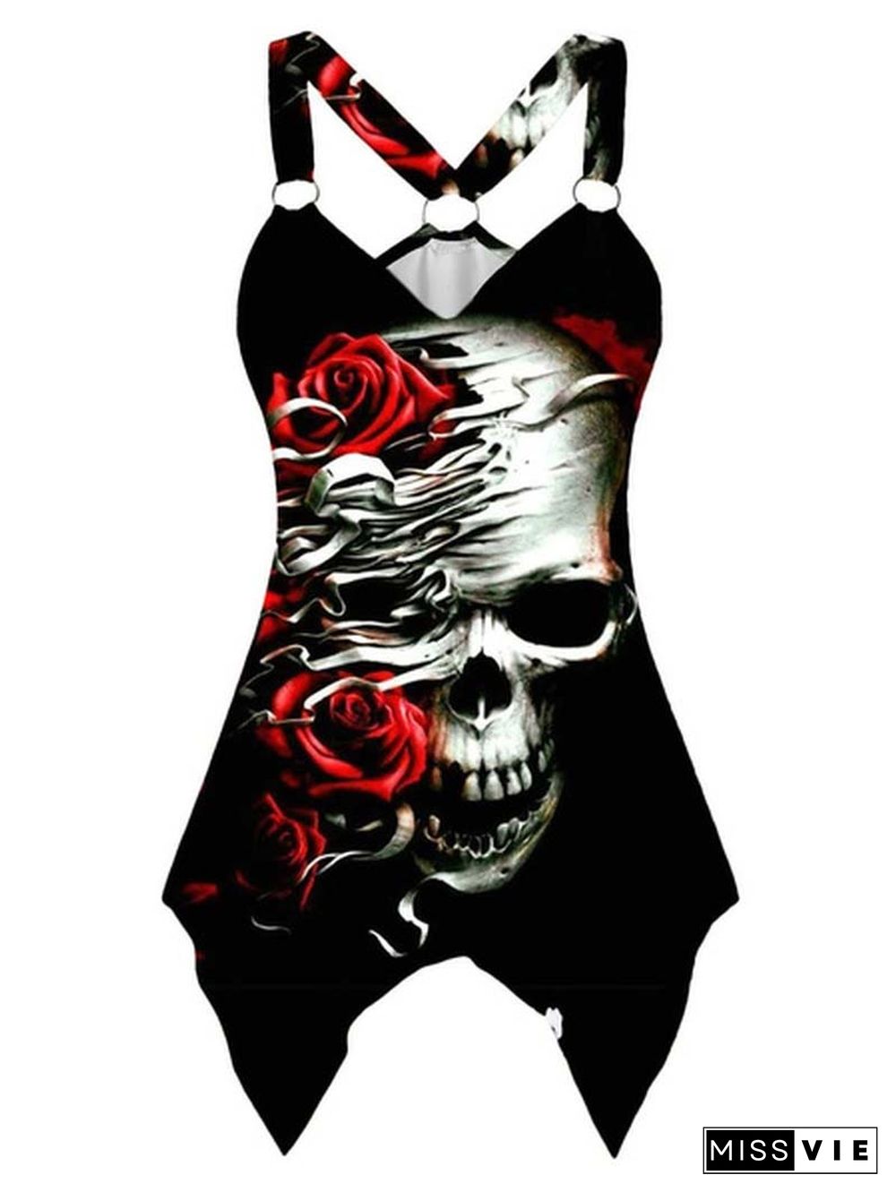 Tank Tops Women 3D Skull Print Sleeveless Tops Summer Casual Ladies Gothic Irregular Hem Fashion Vest Shirts