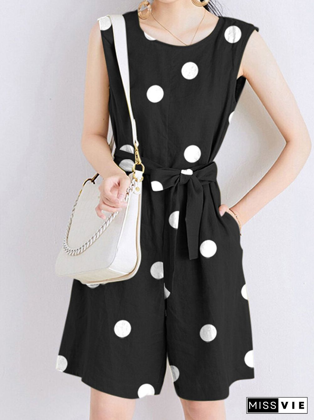 Dot Print Pocket Sleeveless Casual Romper With Belt