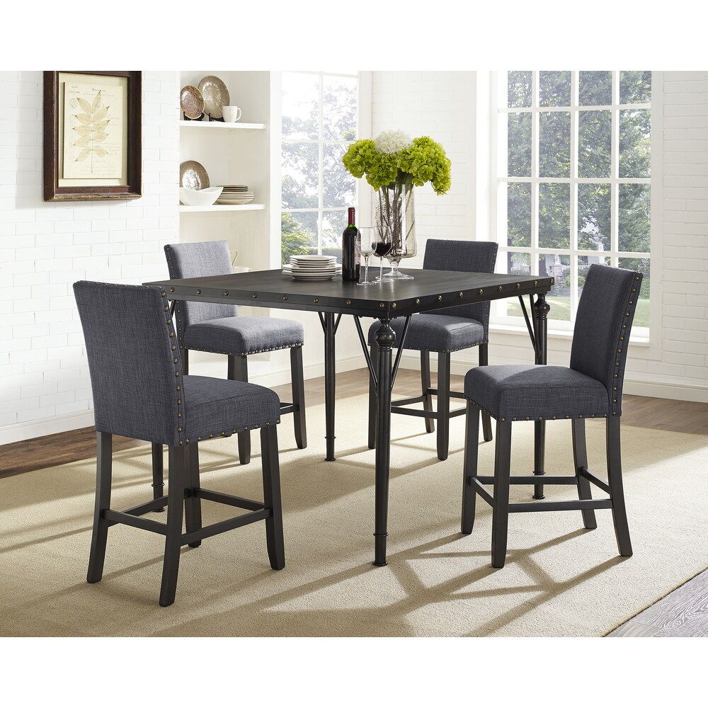 Roundhill Furniture Biony 5 Piece Espresso Wood Counter Height Dining Set with Fabric Nail head Chairs