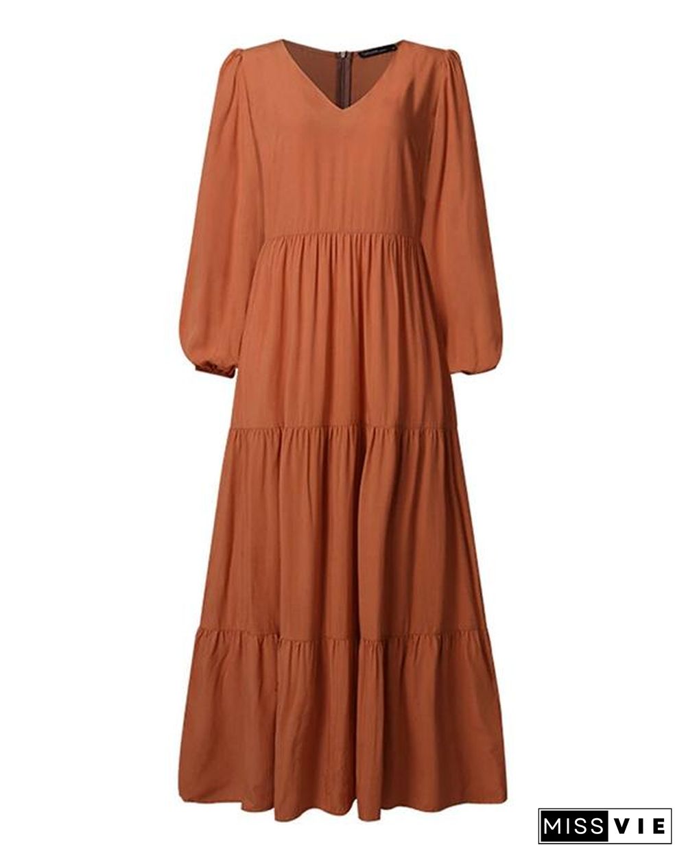 Women Retro Solid Color Back Zipper Puff Sleeve Loose Casual Maxi Dress