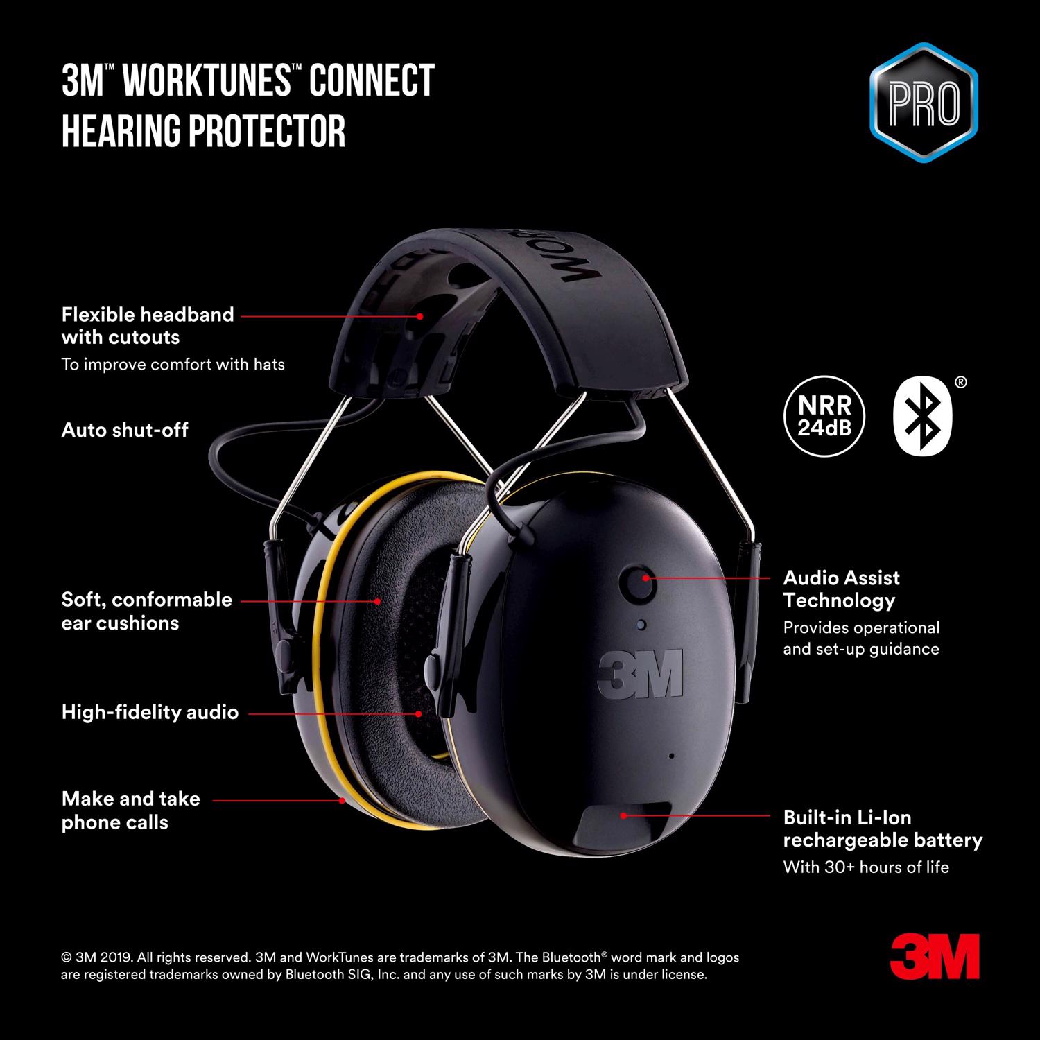 3M WorkTunes 24 dB Over-the-Head Hearing Protector Earmuff Black/Yellow 1 pair