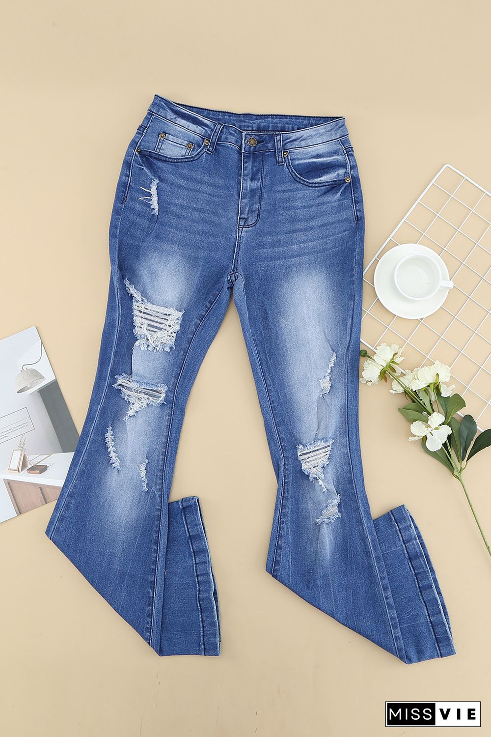 High Waist Distressed Flare Jeans