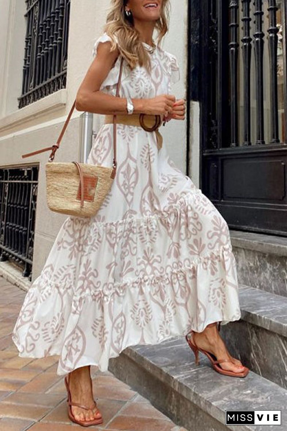 Casual Print Flounce O Neck Cake Skirt Dresses