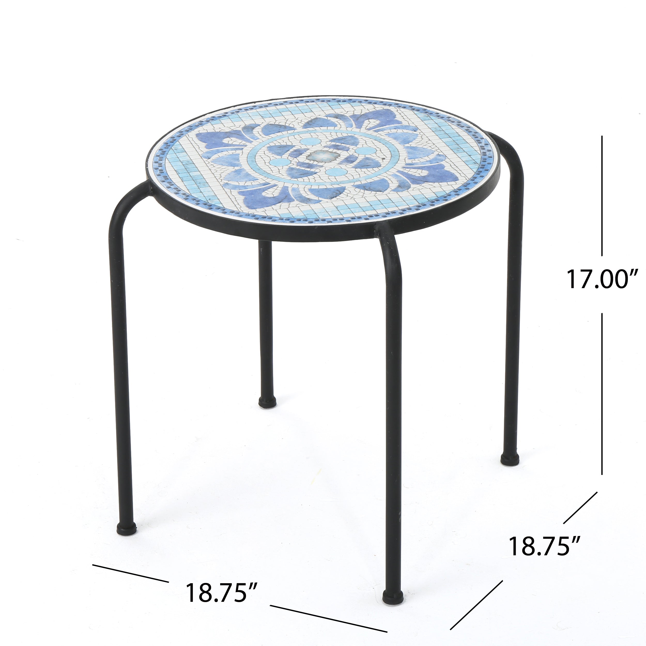 Sindarin Outdoor Blue & White Ceramic Tile Iron Frame Side Table