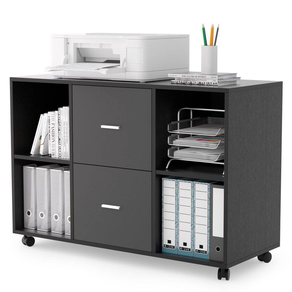 URTR Home Office Black and Dark Gray Wood Lateral File Cabinet with Drawer and Open Shelves Storage Cabinet with Wheels HY02310Y