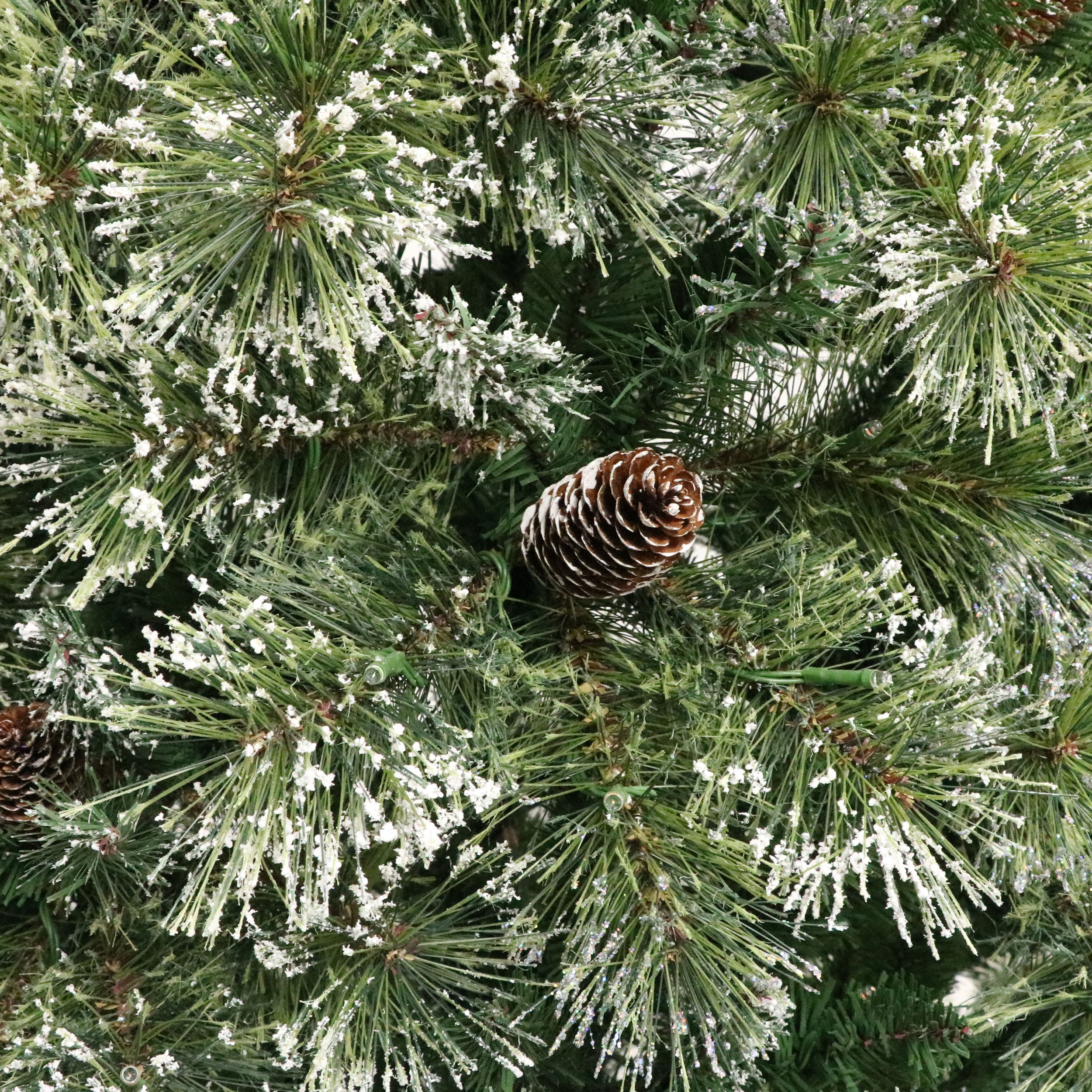 7.5-foot Cashmere Pine and Mixed Needles Pre-Lit Clear LED Hinged Artificial Christmas Tree with Snow and Glitter Branches and Frosted Pinecones