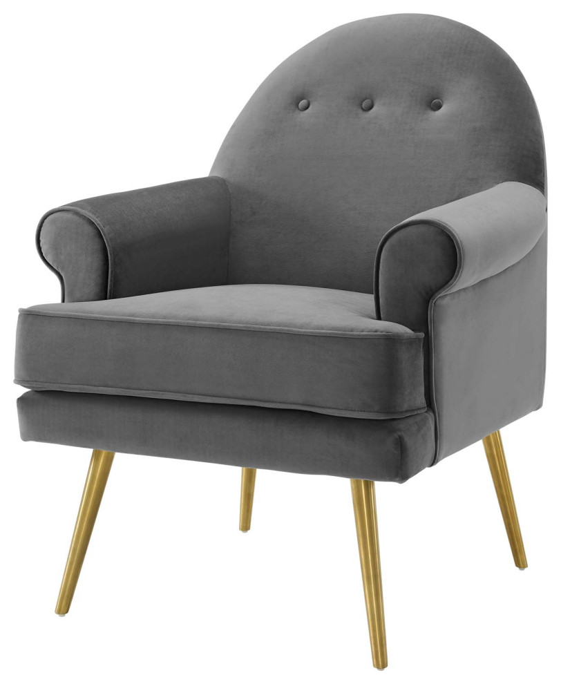 Lounge Accent Side Chair Armchair  Velvet Fabric Metal Steel  Grey Gray   Midcentury   Armchairs And Accent Chairs   by House Bound  Houzz