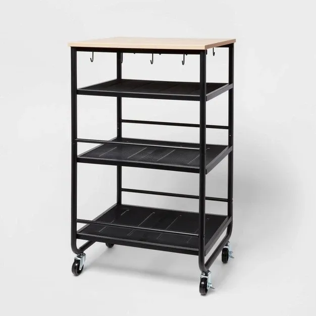 Narrow Metal Storage Cart With Wood Top Black