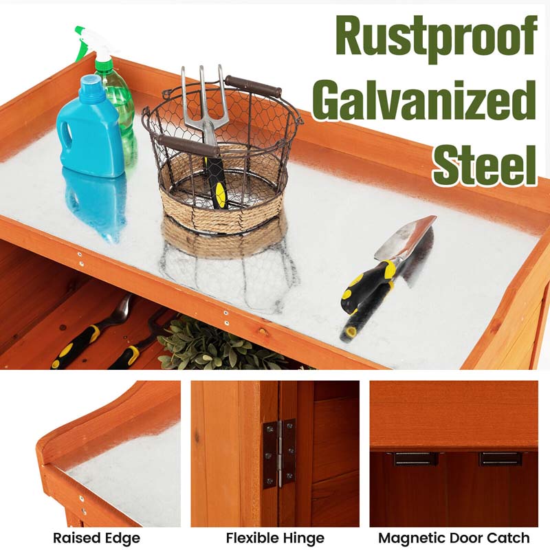 2-Door Garden Potting Bench Table, Wooden Outdoor Storage Cabinet with Removable Shelf & 4 Universal Wheels