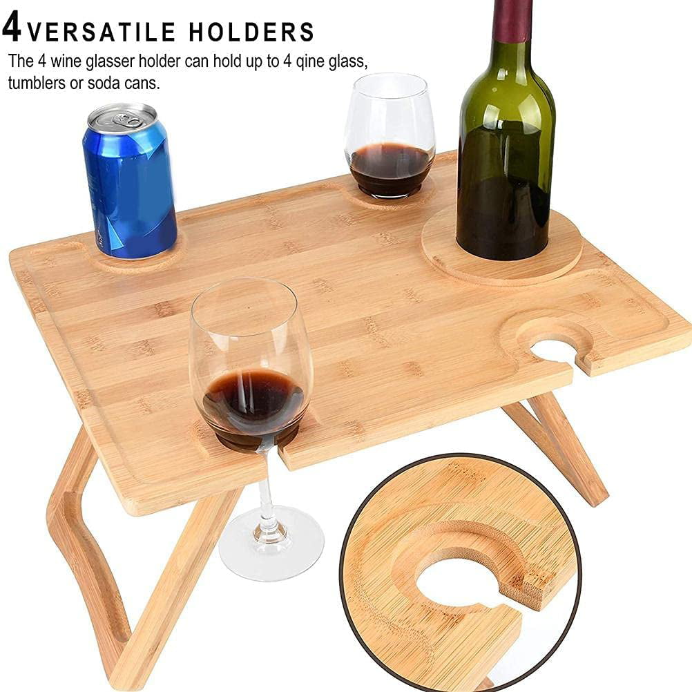 Foldable Outdoor Picnic Table Portable Bamboo Wine Picnic Table Snack Table， Date Idea Table， Wine Picnic Table with Bottle and Glass Holder， Lightweight Portable Picnic Table， Bed Breakfast Table