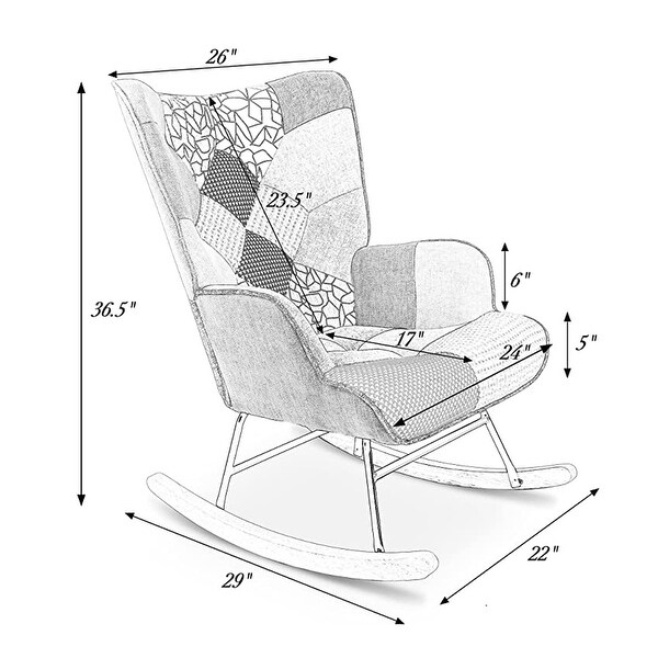 Fabric Rocker Chair with Wood Legs and Patchwork Linen