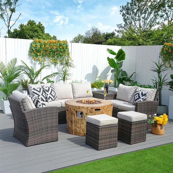 7piece Patio Wicker Garden Chat Sofa Set with Fire Pit and Storage Box