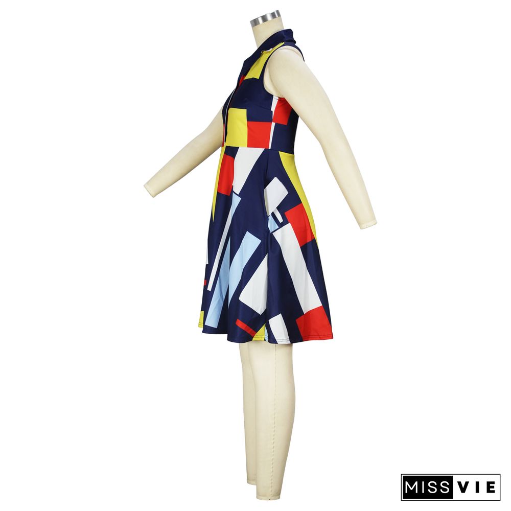 Color Block Print Sleeveless Elegant Dresses