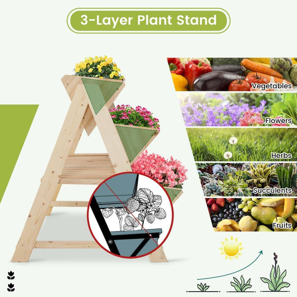 HONEY JOY 3-Tier Vertical Garden Bed Wooden Elevated Planter Bed W/Legs Storage Shelf 2 Hooks Raised Bed Kit TOPB006558