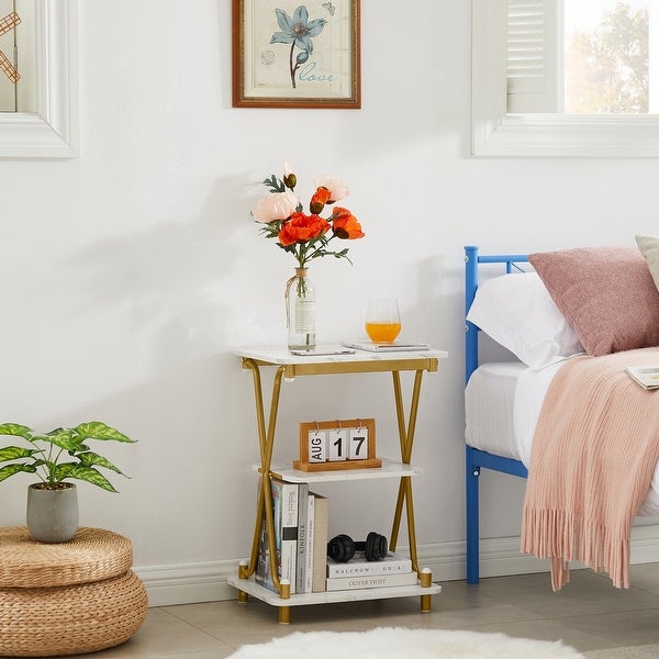 Modern 3-Tier Bedside/End Table with Storage Shelf， X-Shaped Design Nightstand and Sofa Side End Table