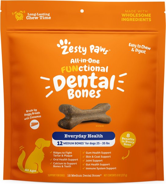 Zesty Paws All-in-One FUNctional Dental Bones Dental Chews for Medium Dogs