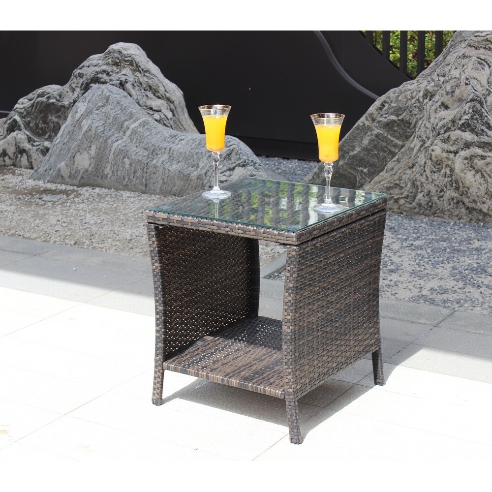 Outdoor Patio Coffee Table Brown Wicker Side Table with Tempered Glass Tabletop and 1 Shelf Tbale for Outdoor Garden