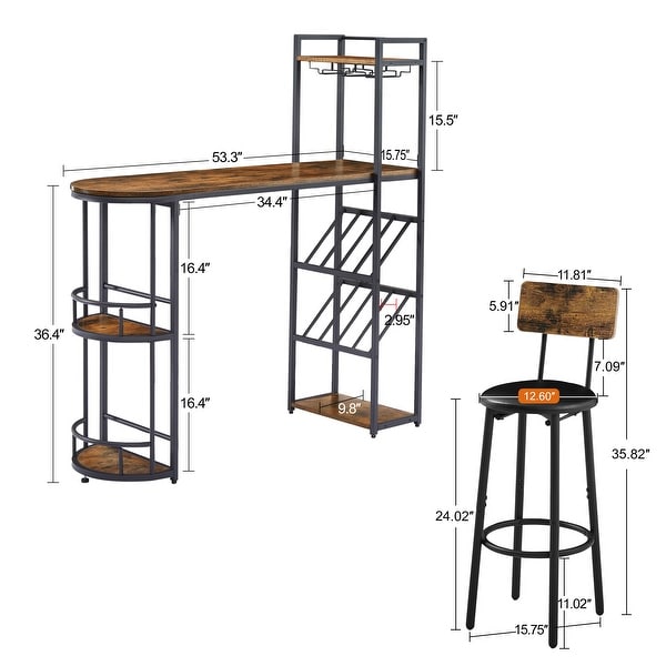 Bar Table and Stool Set with 2 Bar Stools and Bottle Holder， Multifunctional High Bar Table with Space for 8 Bottles and 9 Glasses