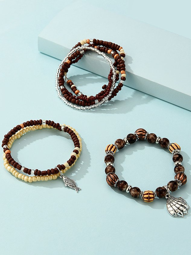 Bohemian Resort Style Shell Wood Multilayer Bracelet Set