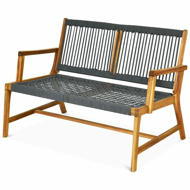 2-Person Acacia Wood Rope Bench Loveseat Chair, Outdoor Patio Garden Park Bench in Teak Oil Finish