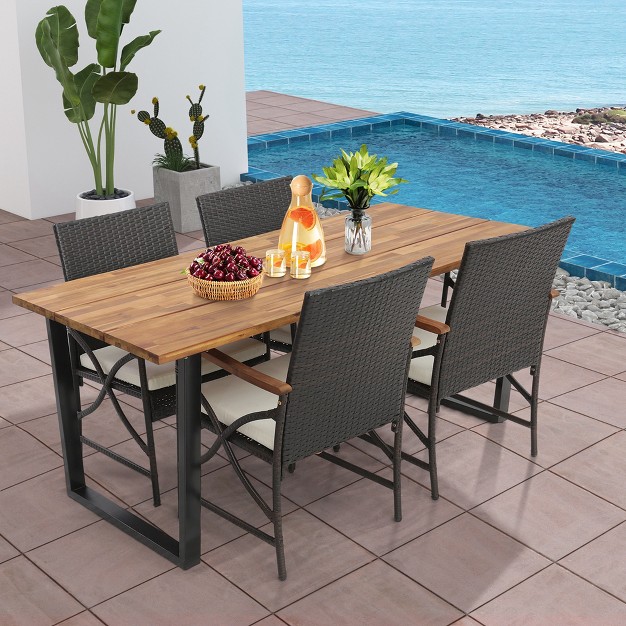 Costway 5 Pcs Patio Rattan Dining Set Acacia Wood Table 4 Wicker Chairs With Umbrella Hole