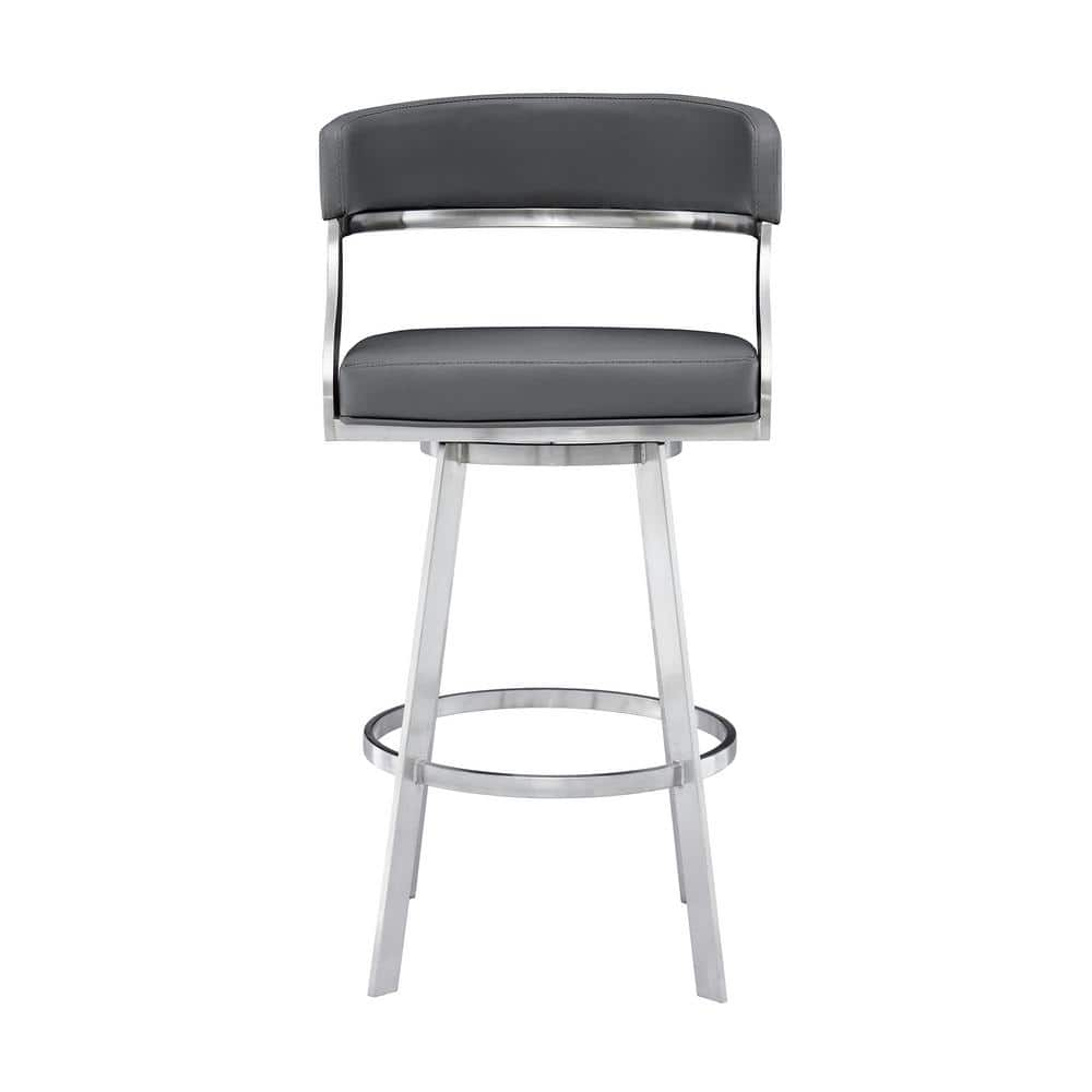 Armen Living Saturn Contemporary 30 in. Bar Height Bar Stool in Brushed Stainless Steel and Grey Faux Leather LCSNBABSGR30