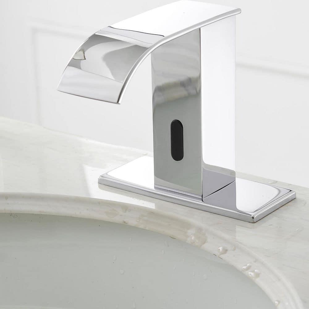 BWE DC Powered Commercial Touchless Single Hole Bathroom Faucet With Deck Plate and Pop Up Drain In Polished Chrome