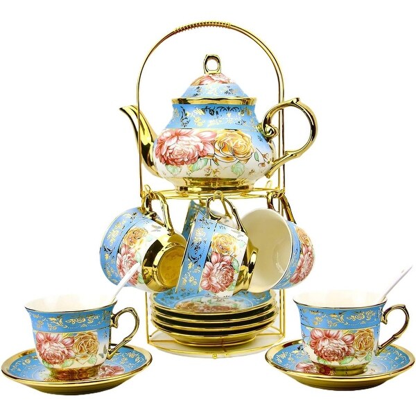 20 Pieces Porcelain Chinese Tea Set With Holder，Painting，Sky Blue