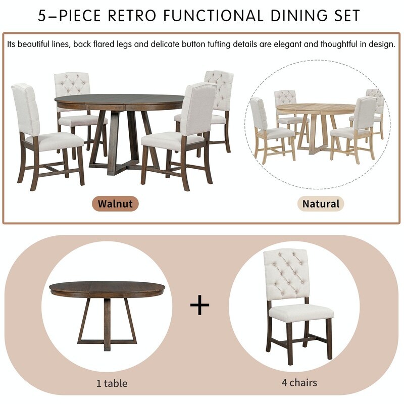 Retro 5 Piece Dining Set with Extendable Table and Upholstered Chairs