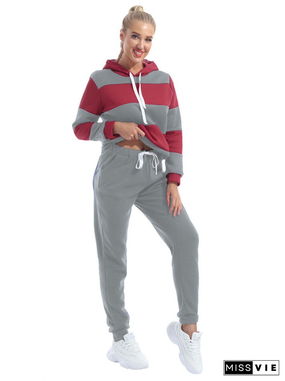 Plus Size Women's Casual Two Piece Outfits Stripes Sweatsuit Tracksuit Pocket Hoodies Sweatshirt Drawstring Pants S-Xxxl