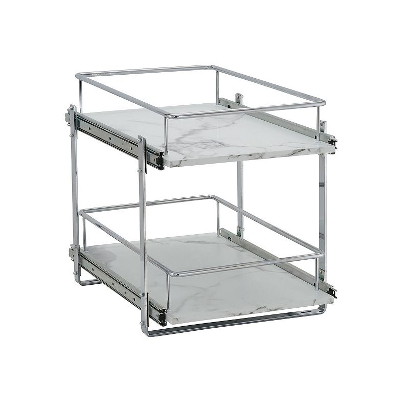 Household Essentials 15-Inch 2-Tier Sliding Cabinet Organizer， Extended Length， Chrome and Faux Marble