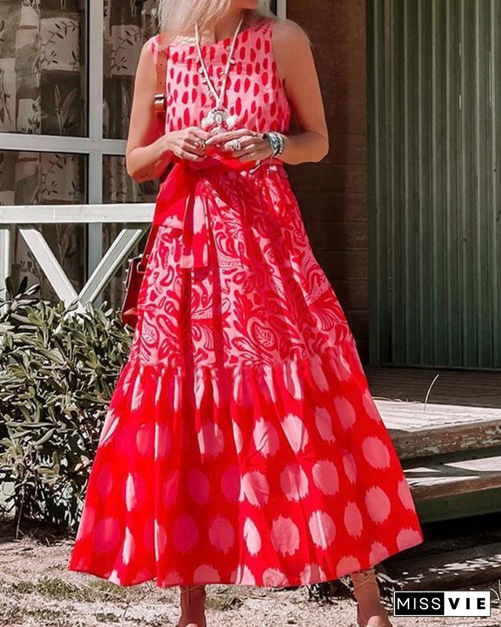 Fashion Red Print Sleeveless Maxi dress