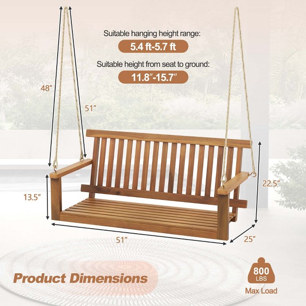 Costway 2 seat Porch Swing Bench Acacia Wood Chair With 2 Hanging Hemp Ropes For Backyard