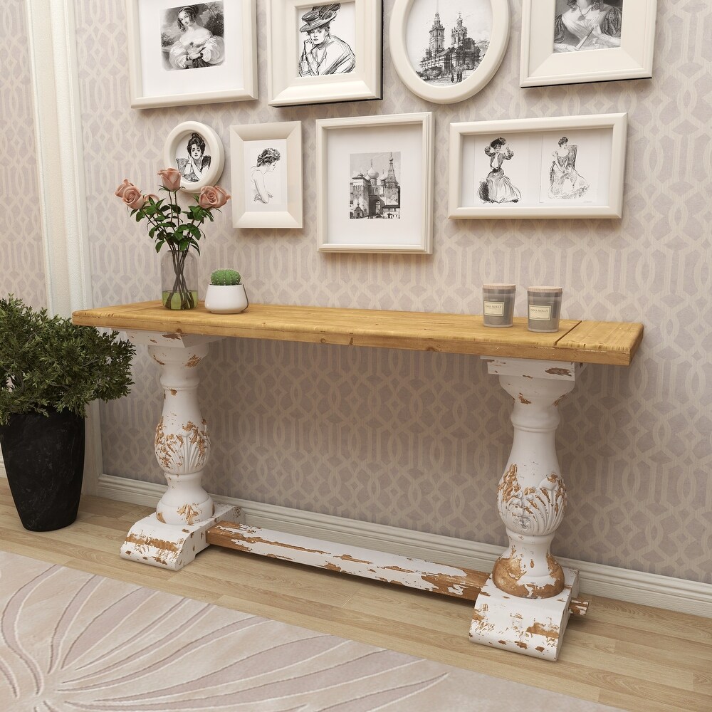 White Wood Distressed Console Table with Brown Wood Top   59 x 16 x 29