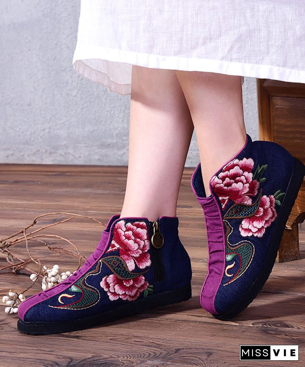 Casual Embroideried zippered Splicing Boots Red Linen Fabric Ankle boots