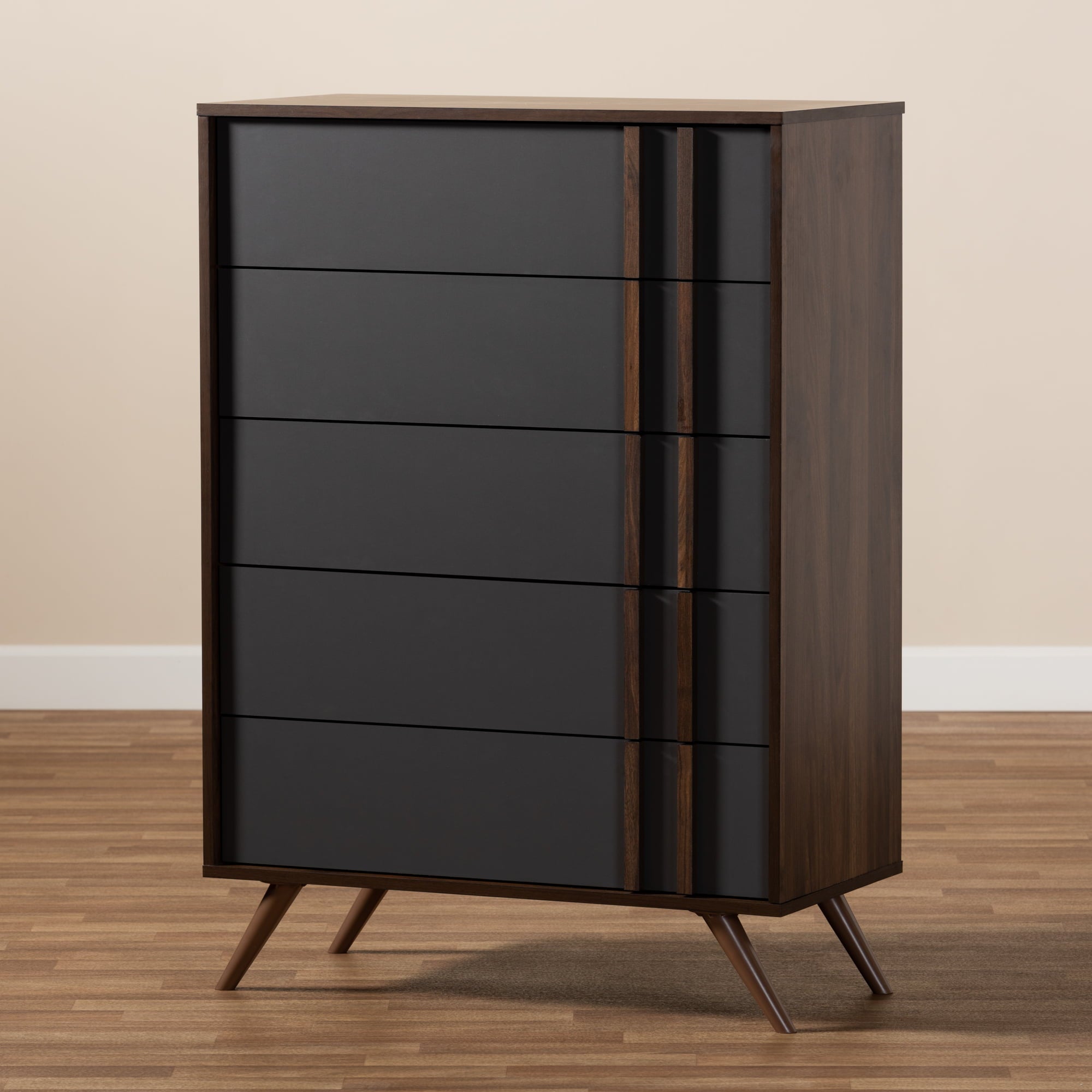 Baxton Studio Naoki Modern and Contemporary Two-Tone Grey and Walnut Finished Wood 5-Drawer Bedroom Chest